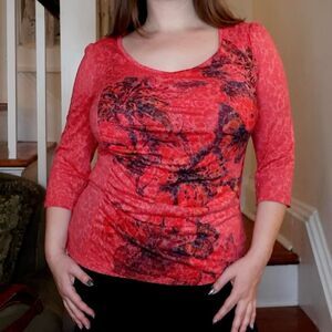 Per Una Y2K Red Semi Sheer Burnout 3/4 Sleeve Top Sz Medium Rockstar Euro Floral
